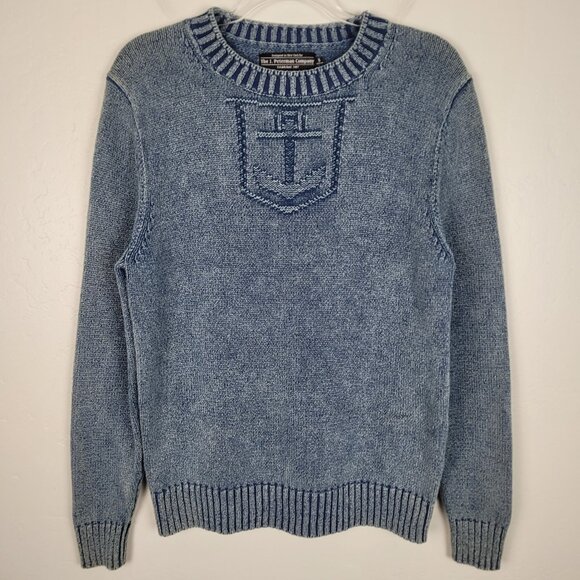 The J. Peterman Company Sweater Indigo Dyed Cotton Sailor Anchor Nautical Mens S